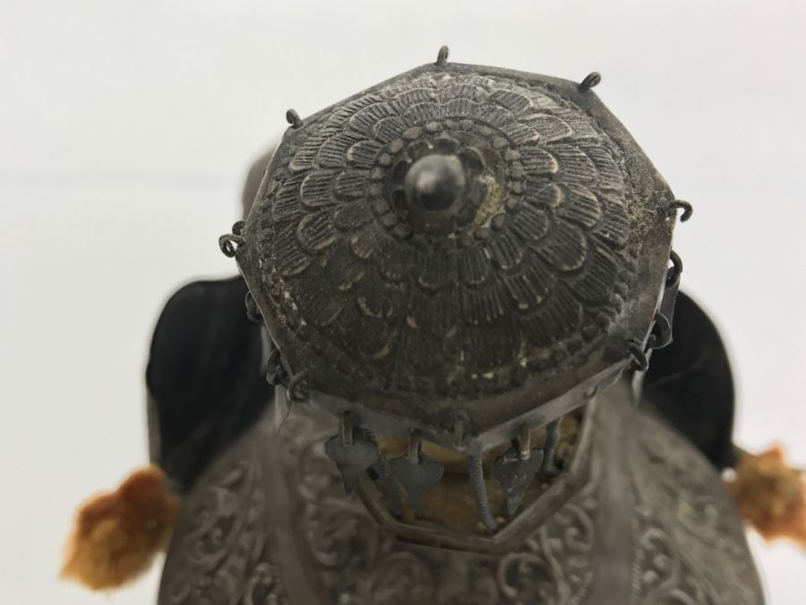 Hand Carved Ebony Elephant With Repousse Silver Garment Missing One Tusk [Photo 33]