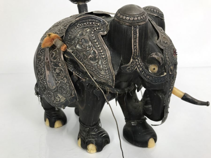 Hand Carved Ebony Elephant With Repousse Silver Garment Missing One Tusk [Photo 19]