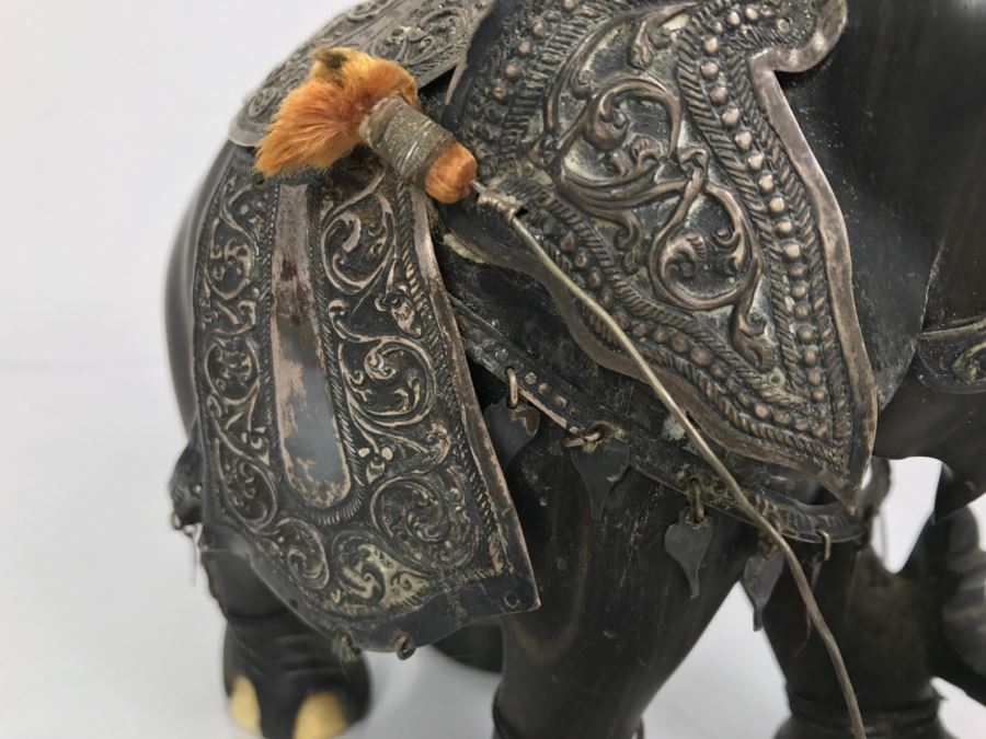Hand Carved Ebony Elephant With Repousse Silver Garment Missing One Tusk [Photo 21]