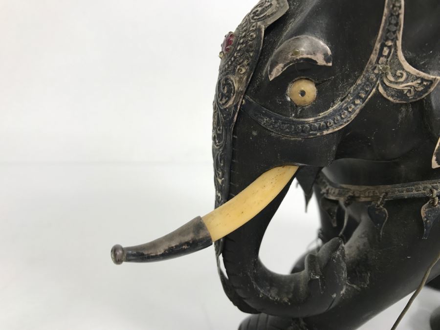 Hand Carved Ebony Elephant With Repousse Silver Garment Missing One Tusk [Photo 10]