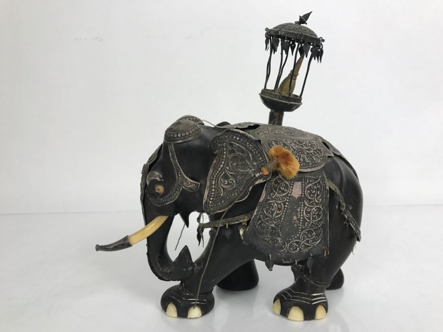 Hand Carved Ebony Elephant With Repousse Silver Garment Missing One Tusk [Photo 6]