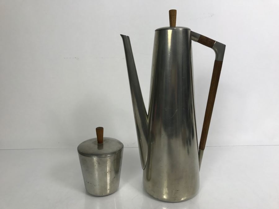Modernist Mid-Century Pewter Coffee Pot With Lidded Cup Royal Holland Pewter K.M.D. Tiel Made In Holland
