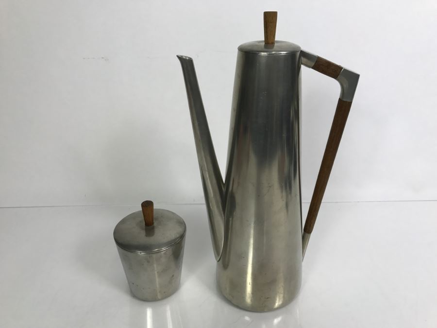 Modernist Mid-Century Pewter Coffee Pot With Lidded Cup Royal Holland Pewter K.M.D. Tiel Made In Holland [Photo 2]