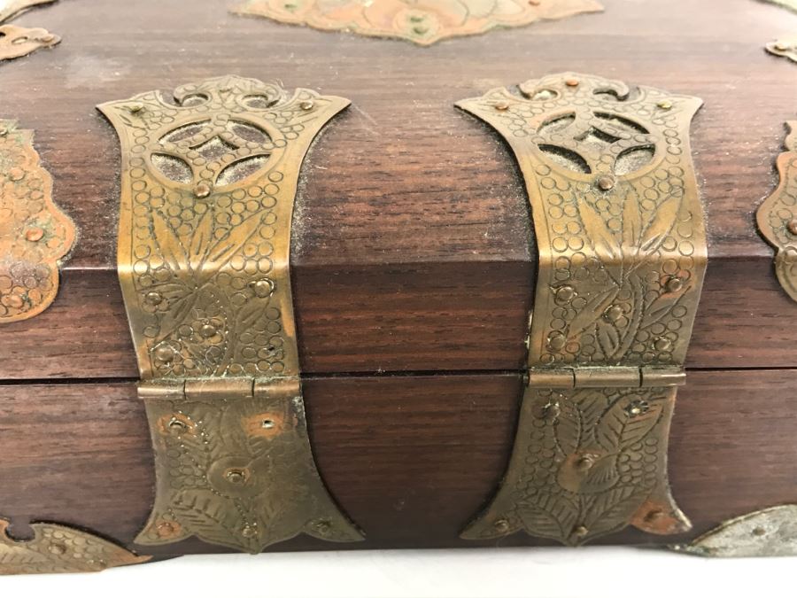 Stunning Chinese Wooden Box With Copper Metal Overlay Turtle Lock Made By L. Shoi Shanghai China [Photo 14]