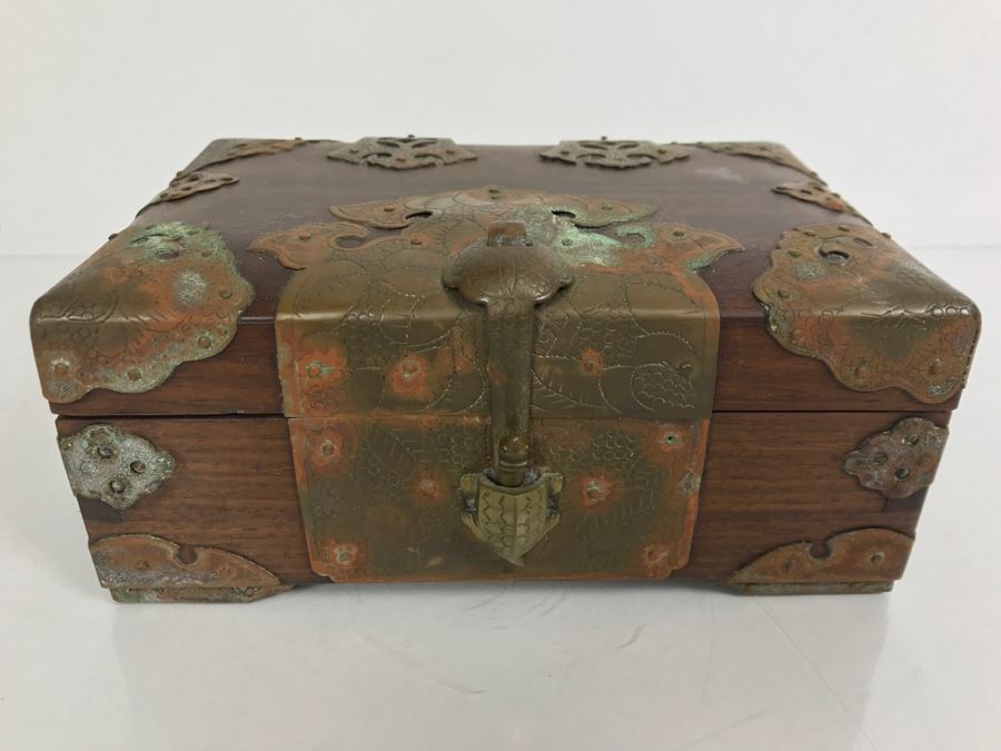 Stunning Chinese Wooden Box With Copper Metal Overlay Turtle Lock Made By L. Shoi Shanghai China