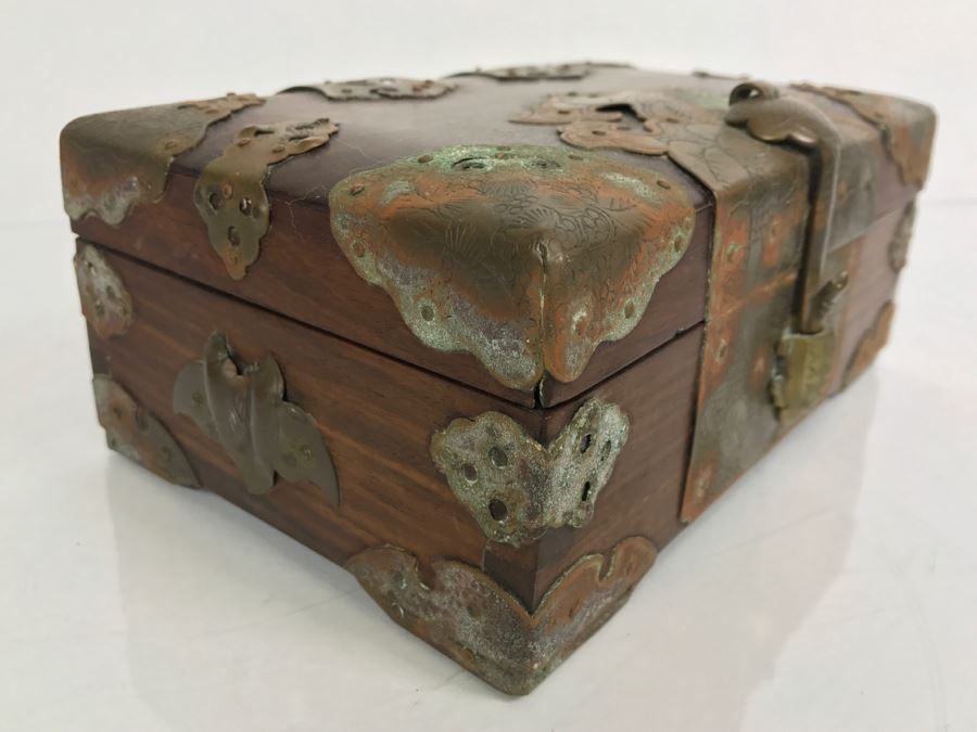 Stunning Chinese Wooden Box With Copper Metal Overlay Turtle Lock Made By L. Shoi Shanghai China [Photo 8]