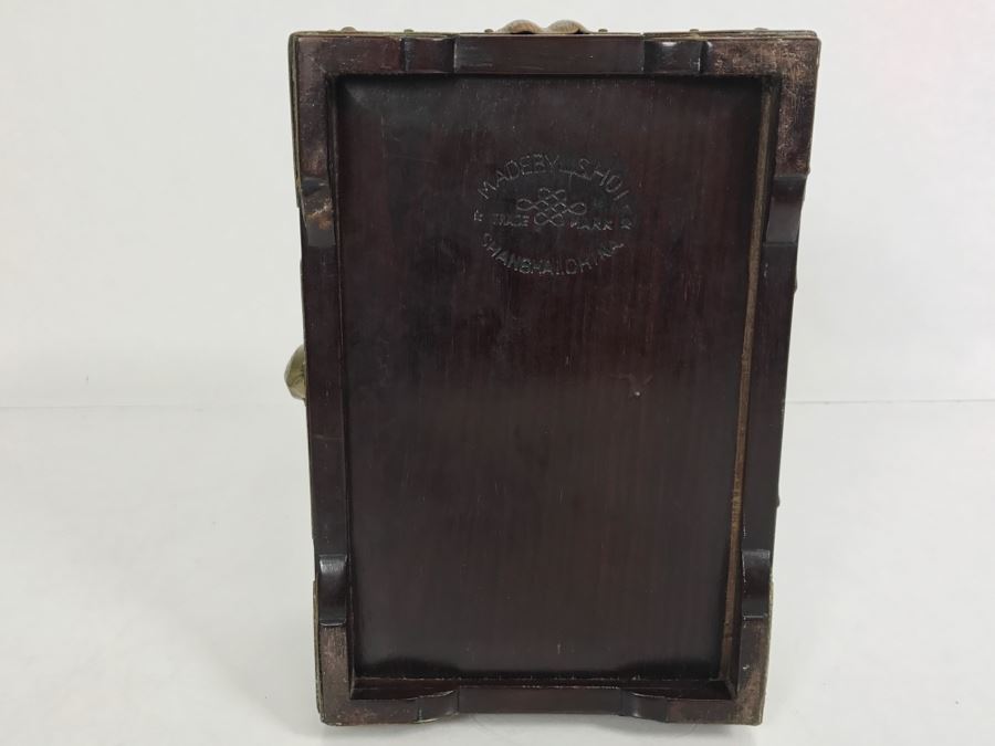 Stunning Chinese Wooden Box With Copper Metal Overlay Turtle Lock Made By L. Shoi Shanghai China [Photo 19]