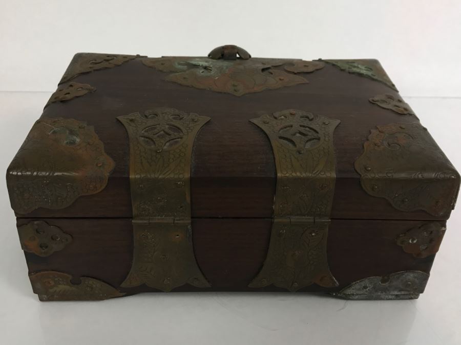 Stunning Chinese Wooden Box With Copper Metal Overlay Turtle Lock Made ...