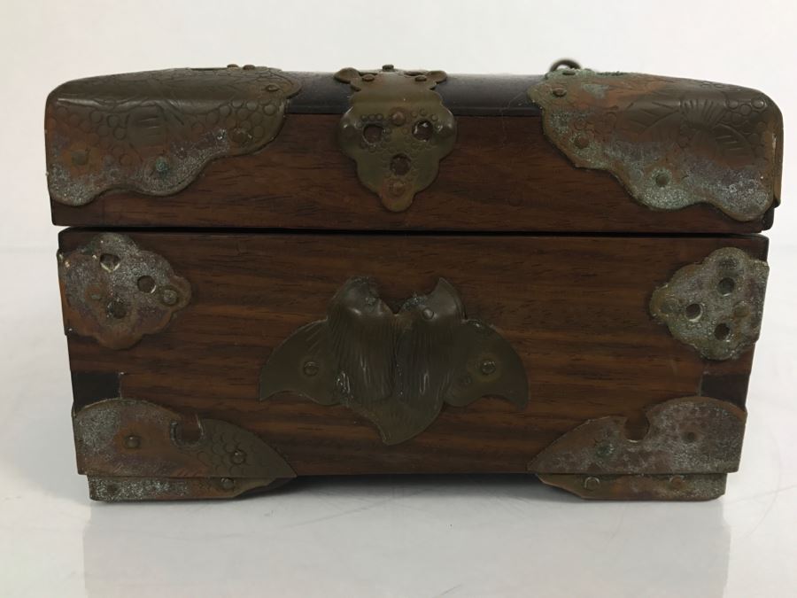 Stunning Chinese Wooden Box With Copper Metal Overlay Turtle Lock Made By L. Shoi Shanghai China [Photo 10]