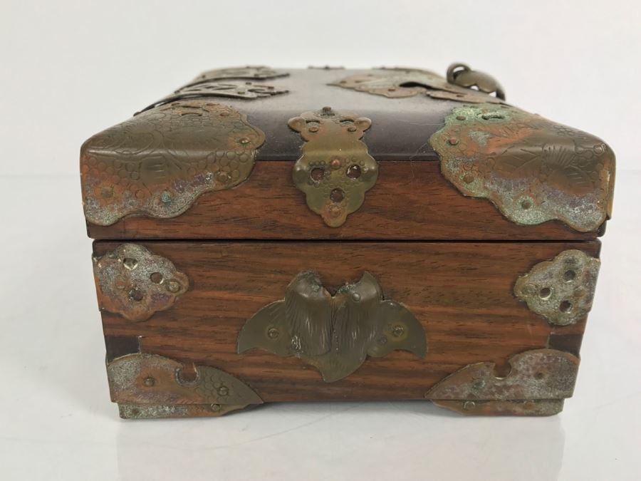 Stunning Chinese Wooden Box With Copper Metal Overlay Turtle Lock Made ...