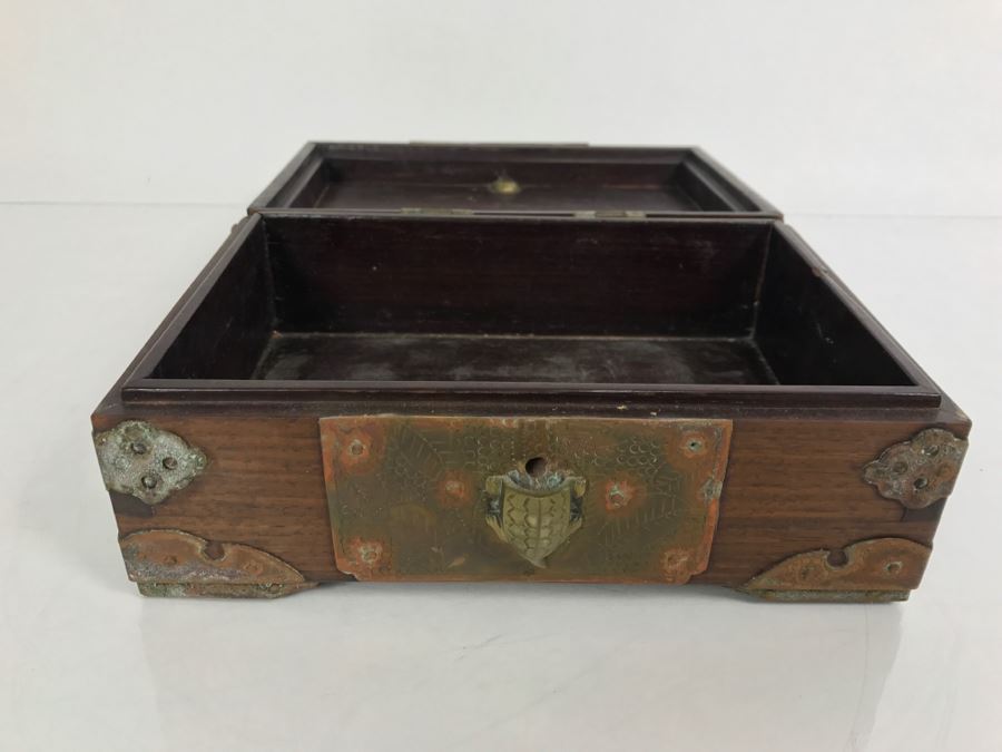 Stunning Chinese Wooden Box With Copper Metal Overlay Turtle Lock Made ...