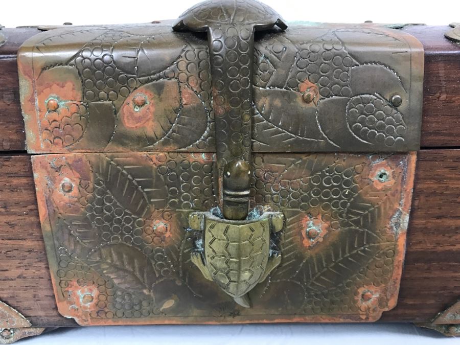 Stunning Chinese Wooden Box With Copper Metal Overlay Turtle Lock Made By L. Shoi Shanghai China [Photo 4]