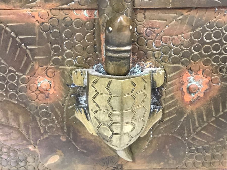 Stunning Chinese Wooden Box With Copper Metal Overlay Turtle Lock Made By L. Shoi Shanghai China [Photo 5]