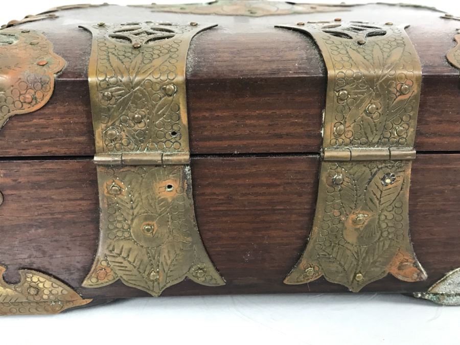 Stunning Chinese Wooden Box With Copper Metal Overlay Turtle Lock Made By L. Shoi Shanghai China [Photo 16]