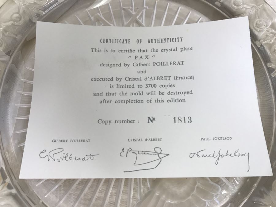 Limited Edition Peace Crystal Plate PAX By Gilbert Poillerat Executed By Cristal D'Albret France 1813 Of 3700 [Photo 7]