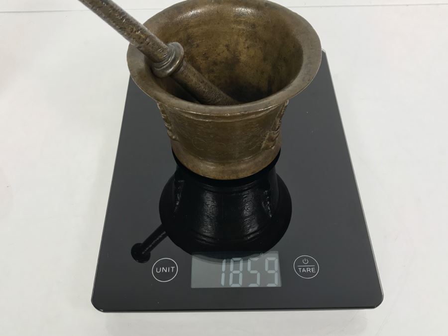 Antique Spanish Bronze Mortar And Pestle Etched 'COBOS' Weighs 1,454g Without Pestle And 1,859g With Pestle [Photo 28]