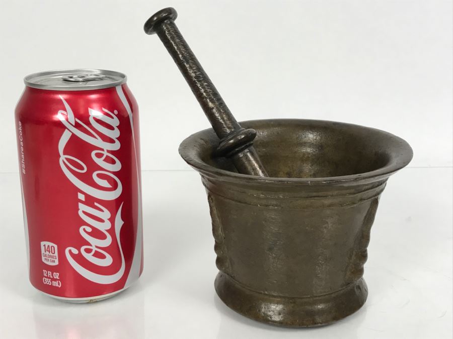 Antique Spanish Bronze Mortar And Pestle Etched 'COBOS' Weighs 1,454g Without Pestle And 1,859g With Pestle [Photo 1]