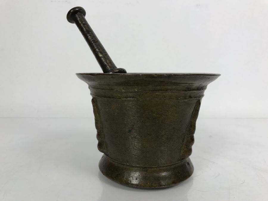 Antique Spanish Bronze Mortar And Pestle Etched 'COBOS' Weighs 1,454g Without Pestle And 1,859g With Pestle [Photo 3]