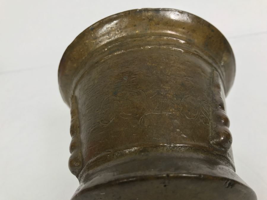 Antique Spanish Bronze Mortar And Pestle Etched 'COBOS' Weighs 1,454g Without Pestle And 1,859g With Pestle [Photo 24]