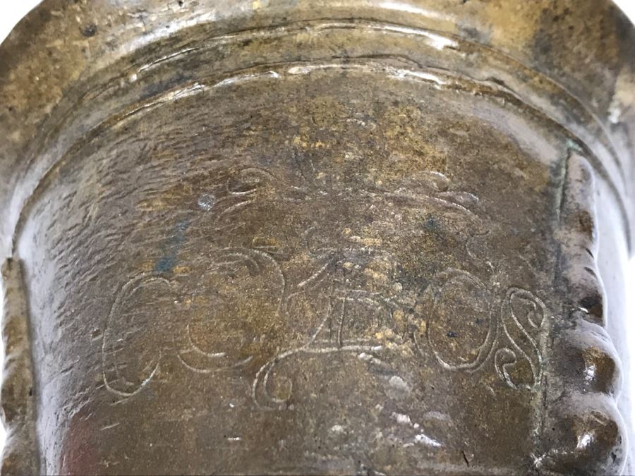 Antique Spanish Bronze Mortar And Pestle Etched 'COBOS' Weighs 1,454g Without Pestle And 1,859g With Pestle [Photo 25]