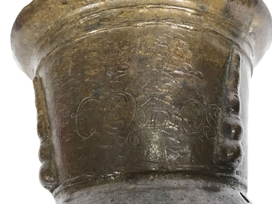 Antique Spanish Bronze Mortar And Pestle Etched 'COBOS' Weighs 1,454g Without Pestle And 1,859g With Pestle [Photo 26]