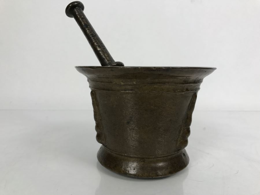 Antique Spanish Bronze Mortar And Pestle Etched 'COBOS' Weighs 1,454g Without Pestle And 1,859g With Pestle [Photo 2]