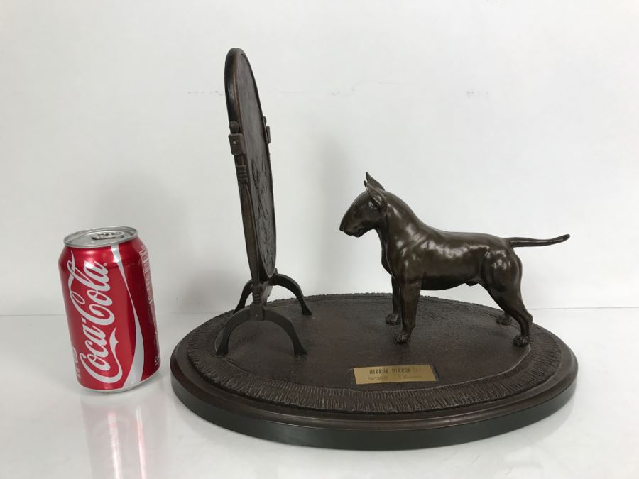 Limited Edition Bronze Of Bull Terrior Dog Staring At Refection In Mirror Titled 'Mirror, Mirror II' By Tony Acevedo 5 Of 350 [Photo 2]