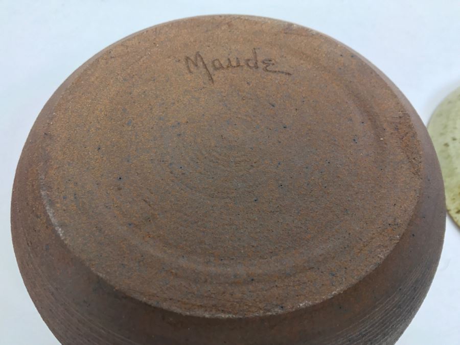 Handmade Stoneware Pot With Lid Signed Maude [Photo 9]