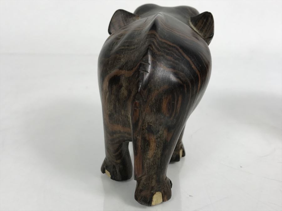 Carved Ebony Wood Elephant (Note Chip On One Foot) And Turned Wooden Trinket Box With Lid And Marble Base [Photo 11]
