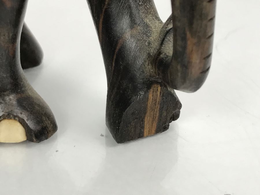 Carved Ebony Wood Elephant (Note Chip On One Foot) And Turned Wooden Trinket Box With Lid And Marble Base [Photo 8]