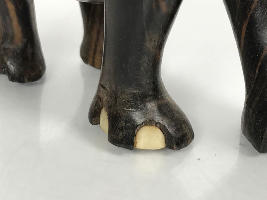 Carved Ebony Wood Elephant (Note Chip On One Foot) And Turned Wooden Trinket Box With Lid And Marble Base [Photo 9]