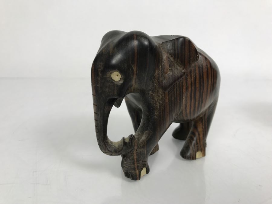 Carved Ebony Wood Elephant (Note Chip On One Foot) And Turned Wooden Trinket Box With Lid And Marble Base [Photo 3]