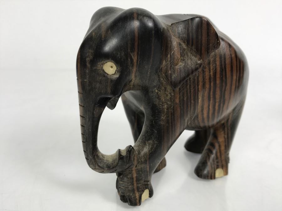 Carved Ebony Wood Elephant (Note Chip On One Foot) And Turned Wooden ...