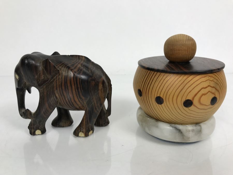 Carved Ebony Wood Elephant (Note Chip On One Foot) And Turned Wooden Trinket Box With Lid And Marble Base [Photo 1]
