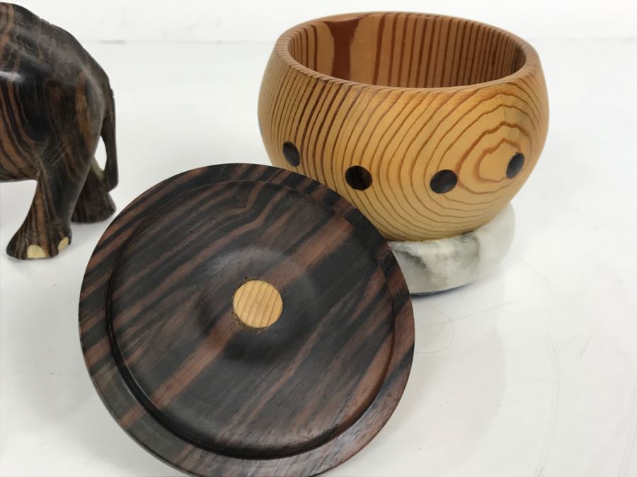 Carved Ebony Wood Elephant (Note Chip On One Foot) And Turned Wooden Trinket Box With Lid And Marble Base [Photo 16]