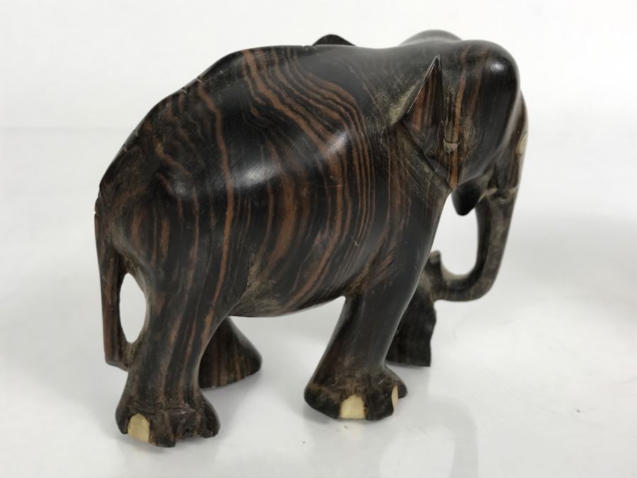 Carved Ebony Wood Elephant (Note Chip On One Foot) And Turned Wooden Trinket Box With Lid And Marble Base [Photo 10]
