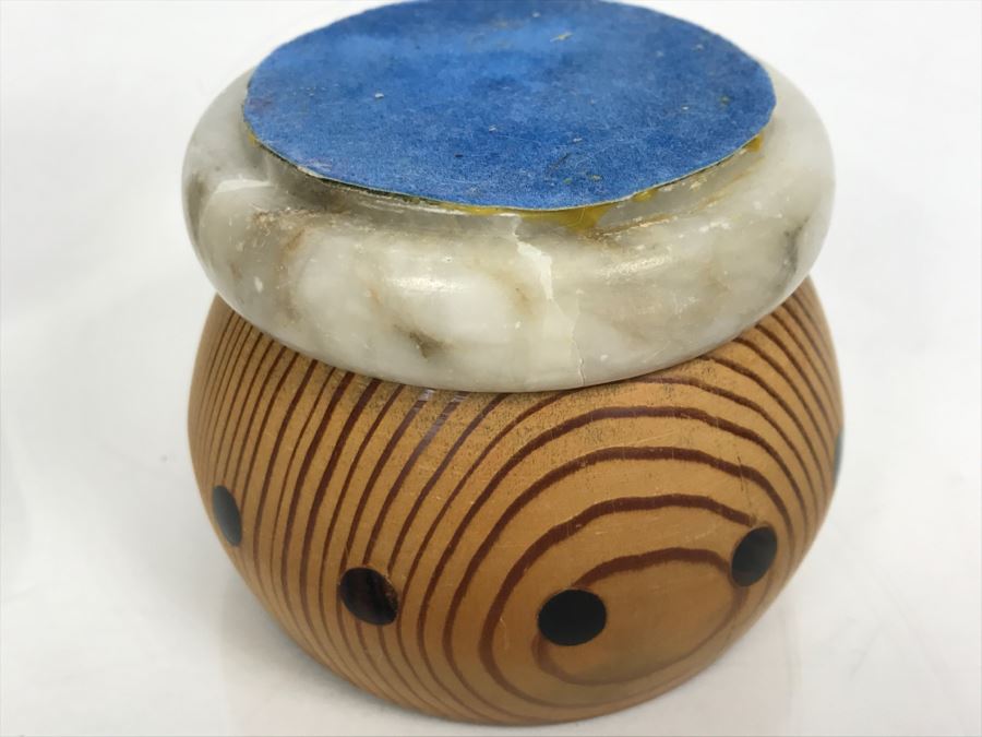 Carved Ebony Wood Elephant (Note Chip On One Foot) And Turned Wooden Trinket Box With Lid And Marble Base [Photo 19]