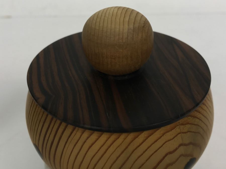 Carved Ebony Wood Elephant (Note Chip On One Foot) And Turned Wooden Trinket Box With Lid And Marble Base [Photo 15]