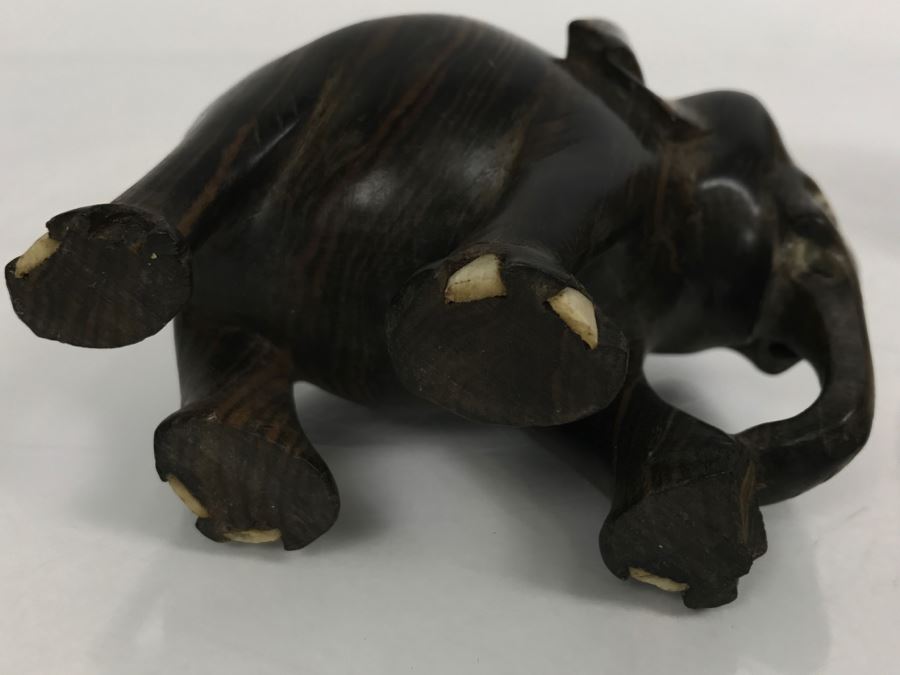 Carved Ebony Wood Elephant (Note Chip On One Foot) And Turned Wooden Trinket Box With Lid And Marble Base [Photo 12]