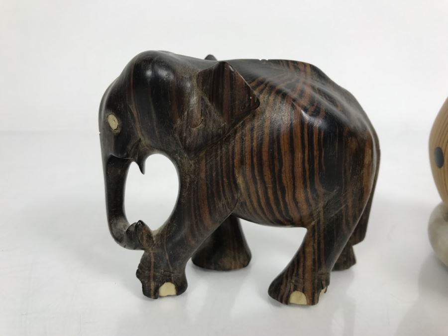 Carved Ebony Wood Elephant (Note Chip On One Foot) And Turned Wooden Trinket Box With Lid And Marble Base [Photo 2]