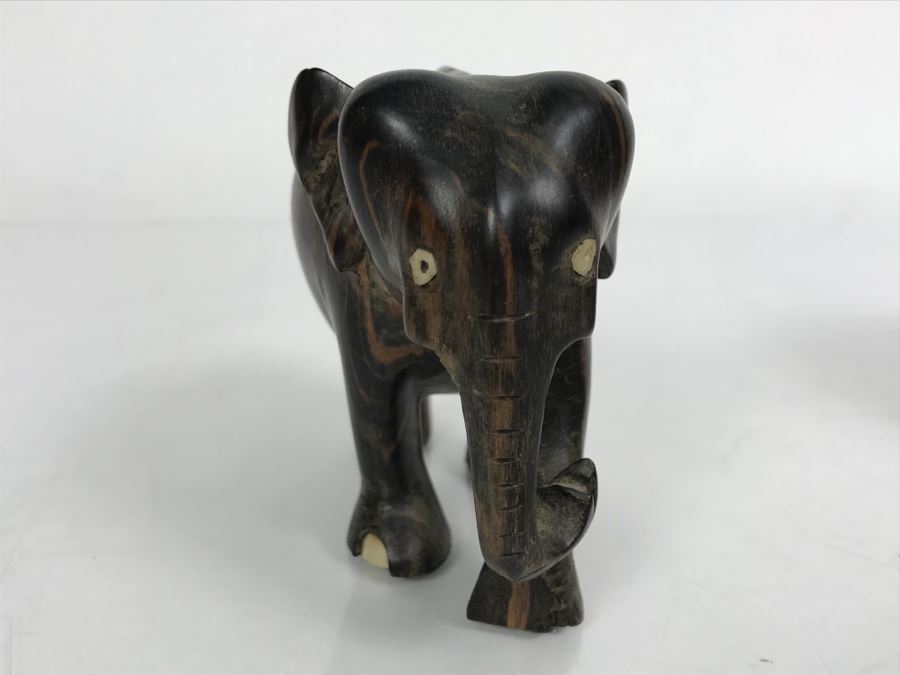 Carved Ebony Wood Elephant (Note Chip On One Foot) And Turned Wooden Trinket Box With Lid And Marble Base [Photo 5]