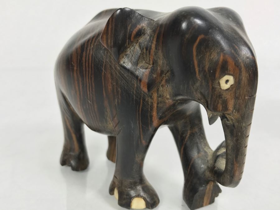 Carved Ebony Wood Elephant (Note Chip On One Foot) And Turned Wooden Trinket Box With Lid And Marble Base [Photo 7]