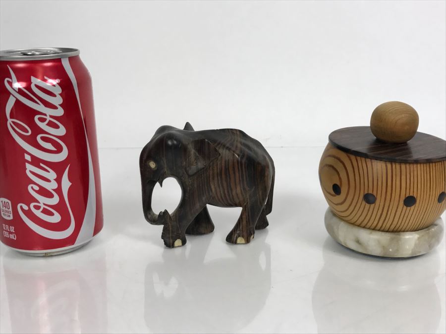 Carved Ebony Wood Elephant (Note Chip On One Foot) And Turned Wooden Trinket Box With Lid And Marble Base [Photo 20]