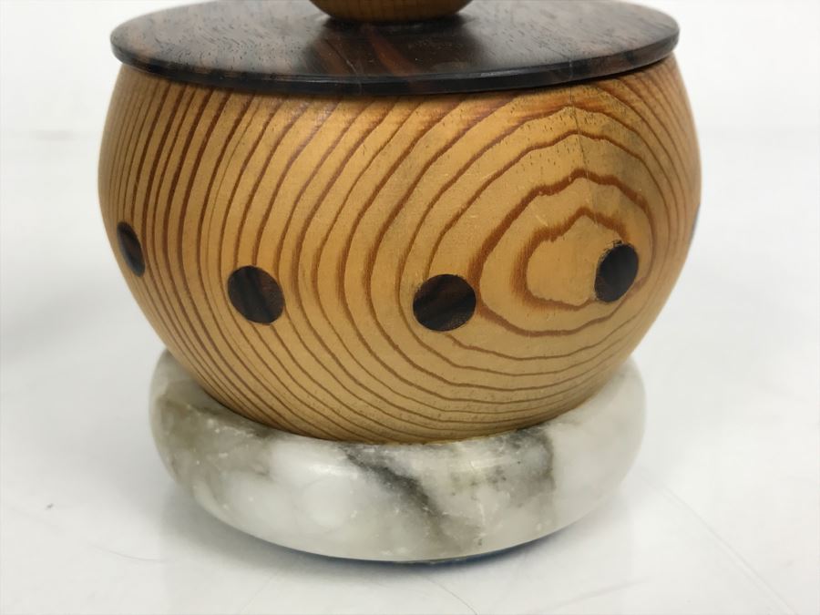 Carved Ebony Wood Elephant (Note Chip On One Foot) And Turned Wooden Trinket Box With Lid And Marble Base [Photo 14]