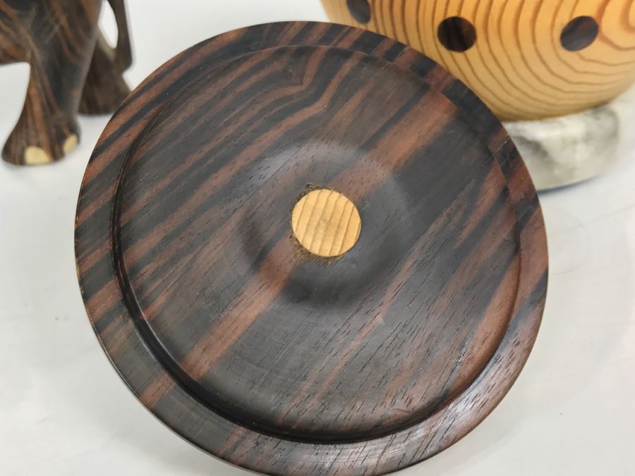 Carved Ebony Wood Elephant (Note Chip On One Foot) And Turned Wooden Trinket Box With Lid And Marble Base [Photo 17]