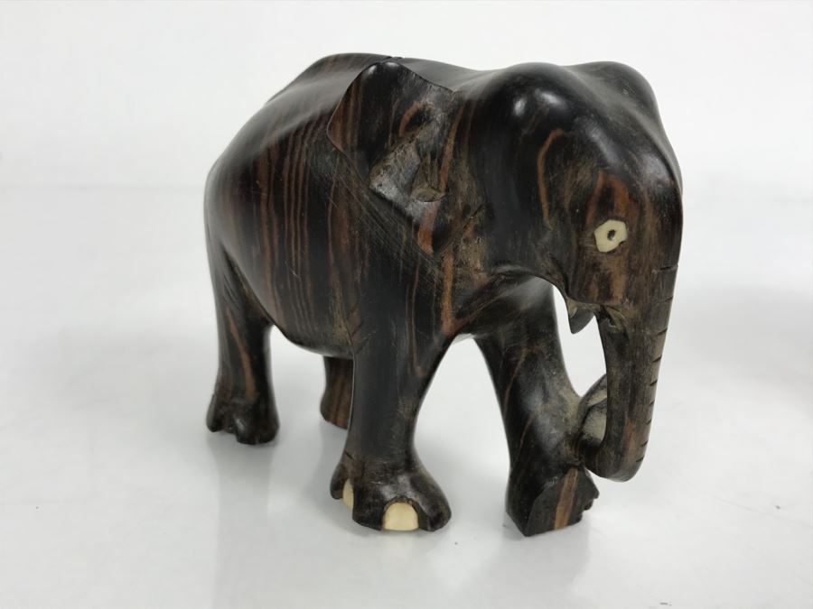 Carved Ebony Wood Elephant (Note Chip On One Foot) And Turned Wooden Trinket Box With Lid And Marble Base [Photo 6]