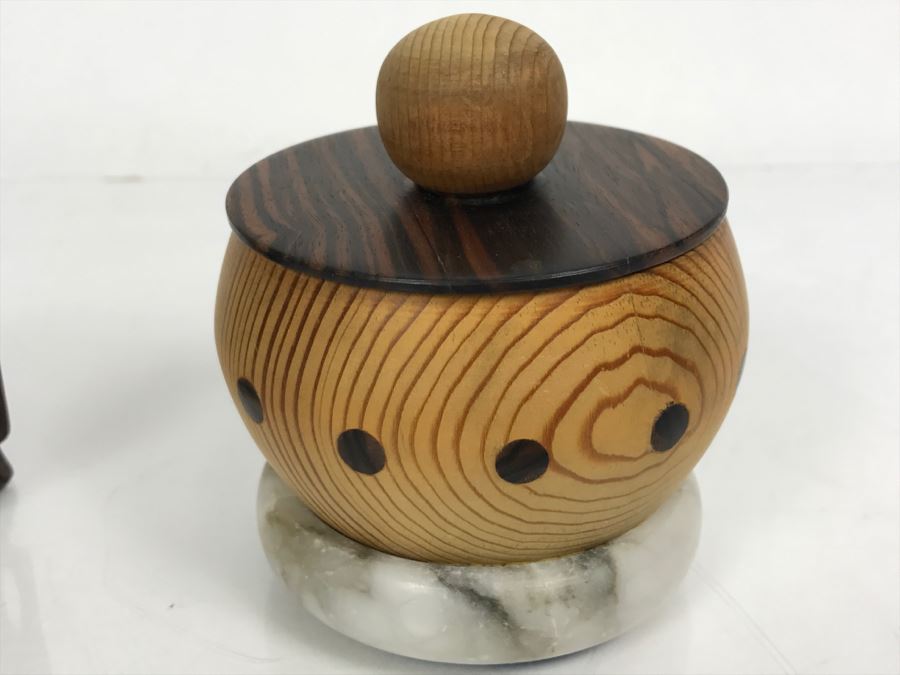 Carved Ebony Wood Elephant (Note Chip On One Foot) And Turned Wooden Trinket Box With Lid And Marble Base [Photo 13]