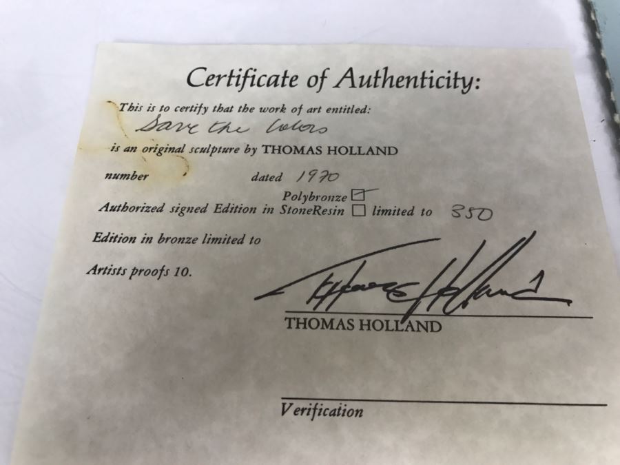Vintage 1970 Polybronze Sculpture 'Save The Colors' By Thomas Holland With Certificate Of Authenticity 43 Of 350 [Photo 34]