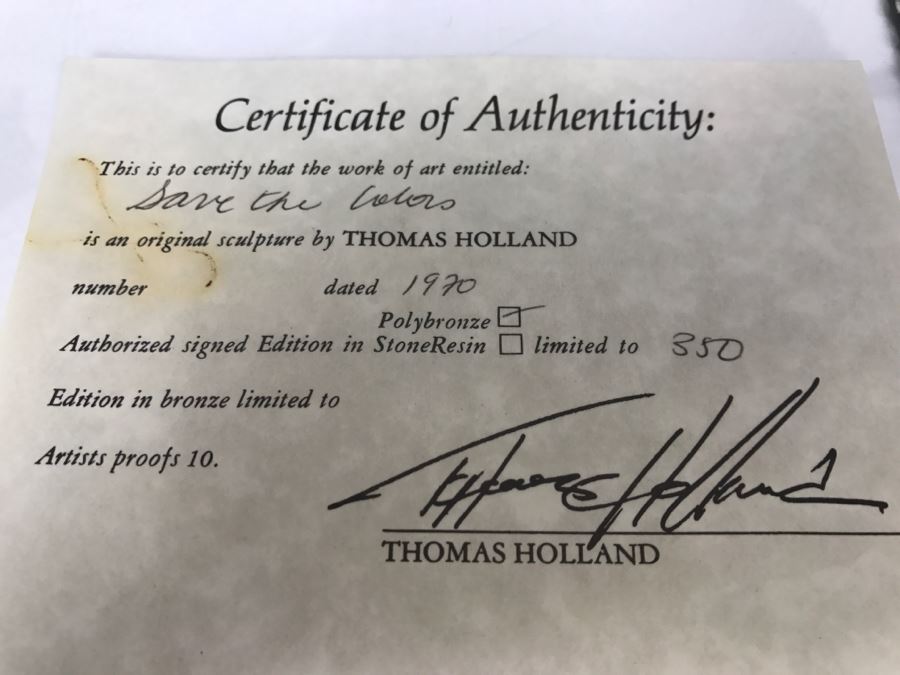 Vintage 1970 Polybronze Sculpture 'Save The Colors' By Thomas Holland With Certificate Of Authenticity 43 Of 350 [Photo 35]