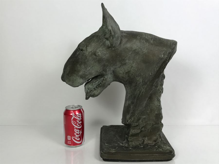 Vintage 1999 Jim Gion Life Size Bust Clay Sculpture Titled 'Betsy' Of Champion Bull Terrior Dog Signed On Clay Sculpture And On Wooden Stand [Photo 22]
